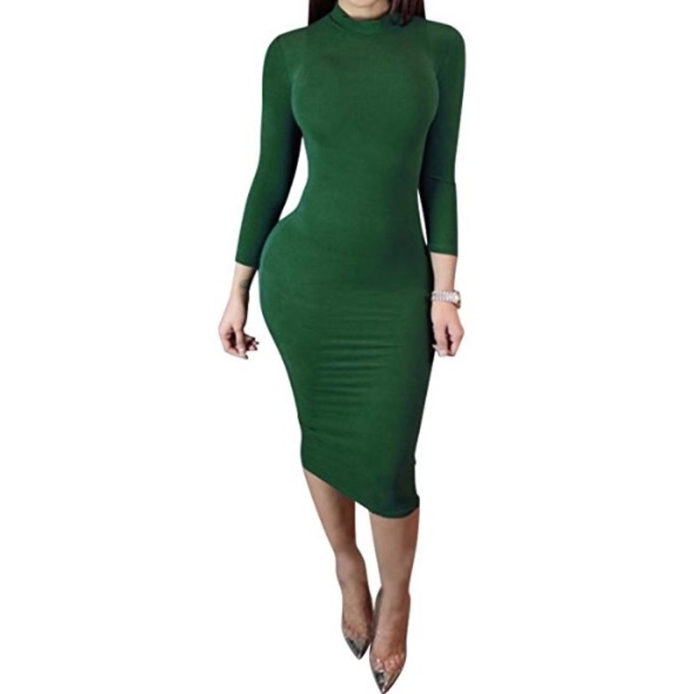 Green turtle neck midi dress